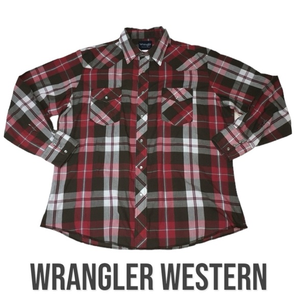 Wrangler Western ‎Pearl Snap Brown Red Plaid Long Sleeve Shirt - Men’s XL - Picture 1 of 13